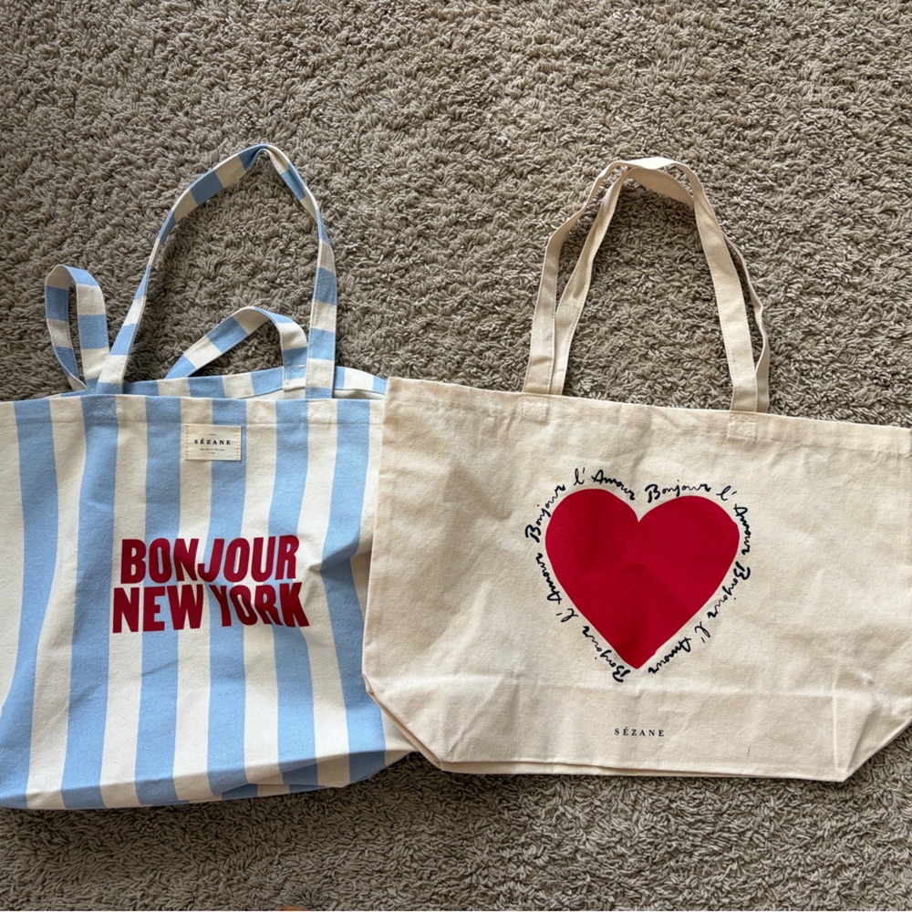 Sezane Striped Blue and White Tote with Red Heart